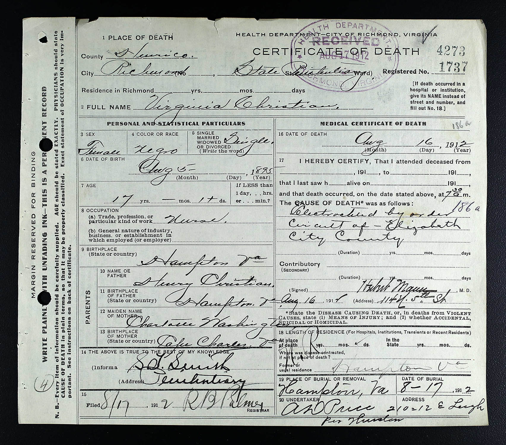 Death Certificate of Virginia Christian (died August 16 1912) · Online